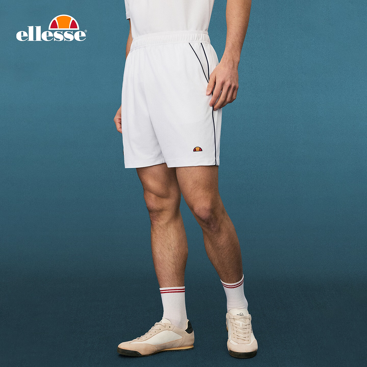 ellesse小贝壳26春夏新品网球裤撞色条纹防透休闲运动短裤男 星云白 M