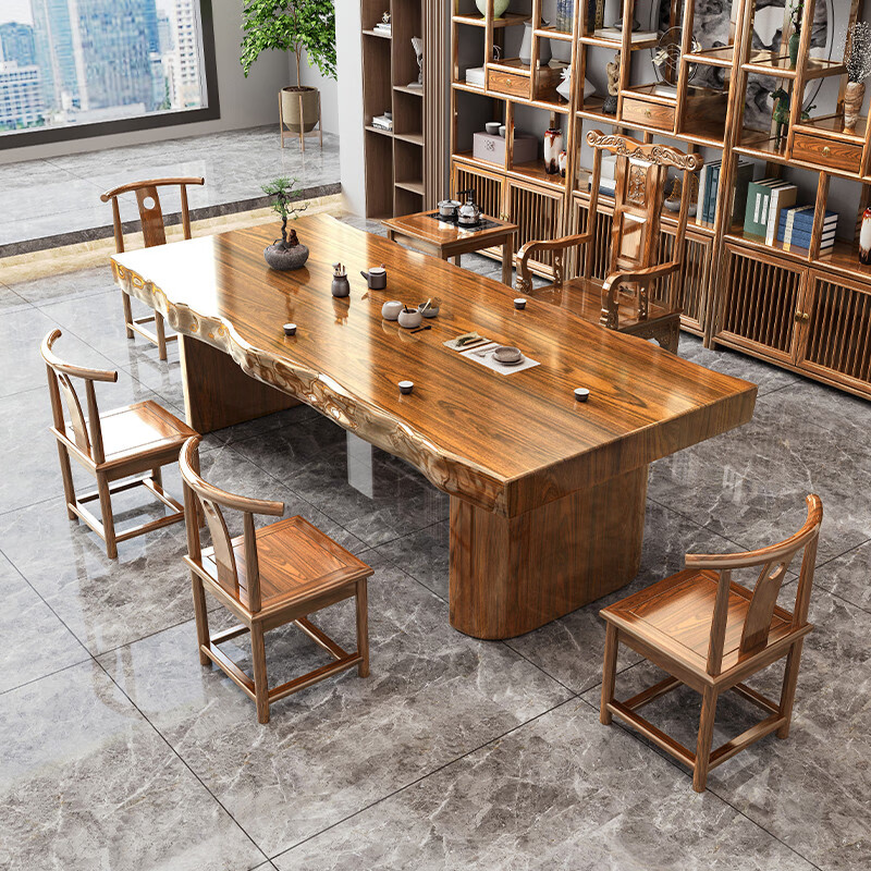 溥畔实木原木整板大板茶桌椅套装组合一桌五椅新中式茶几办公室泡茶台 [平面款]3.0米整板桌+1富贵椅+4围椅+茶水柜