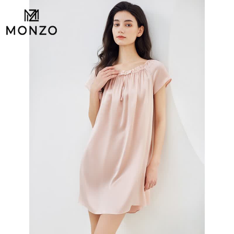 MONZO国际一线品牌丝绸桑蚕丝睡裙女真丝睡衣宽松大码家居服粉色娃娃裙 樱粉色 均码 京东折扣/优惠券