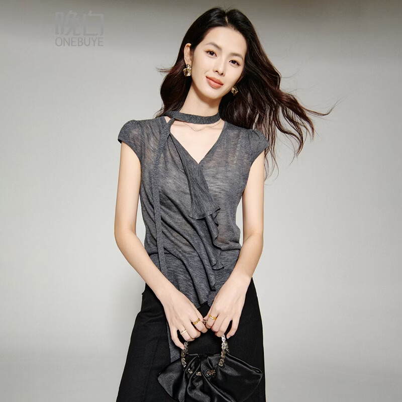 晚白【断码清仓】时尚V领韩系短袖上衣亲肤弹力薄款针织衫女 深灰色 S