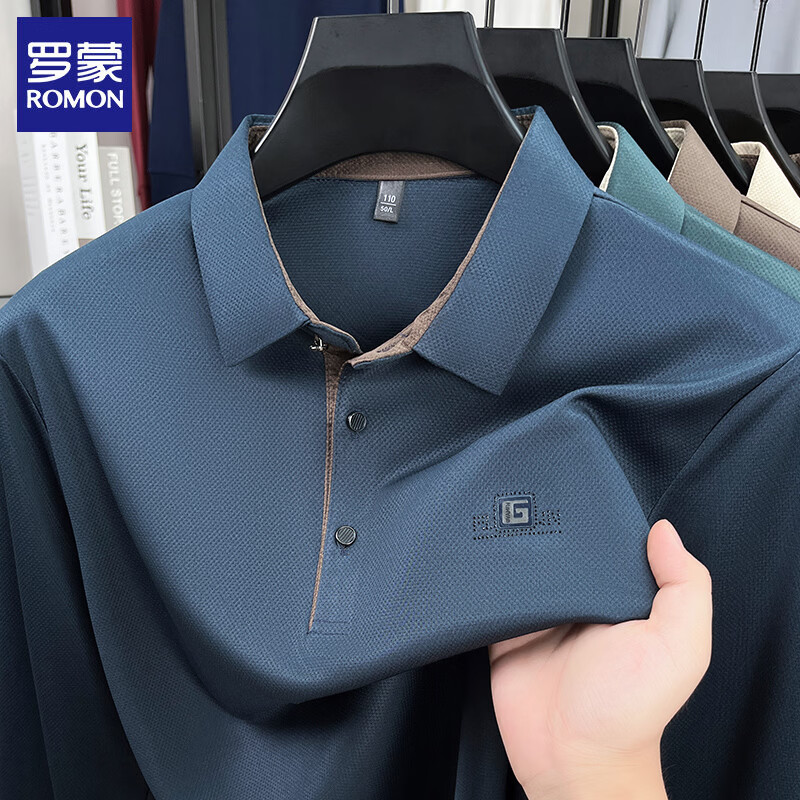 罗蒙（ROMON）长袖t恤男翻领2026春季新款休闲男士翻领打底体恤衫男装上衣 藏青 XL (建议体重130-150斤)