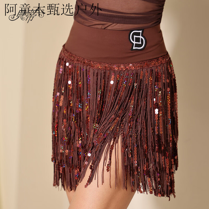 貝蒂蕩領(lǐng)上衣蝙蝠袖拉丁舞國標(biāo)舞女練功服2025新款長袖舞蹈服 咖色亮片裙 S