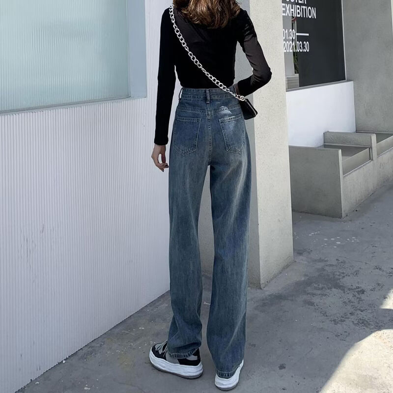 蝴蝶曼复古直筒牛仔裤女2026夏季宽松高腰显瘦百搭休闲长裤子 蓝色 L