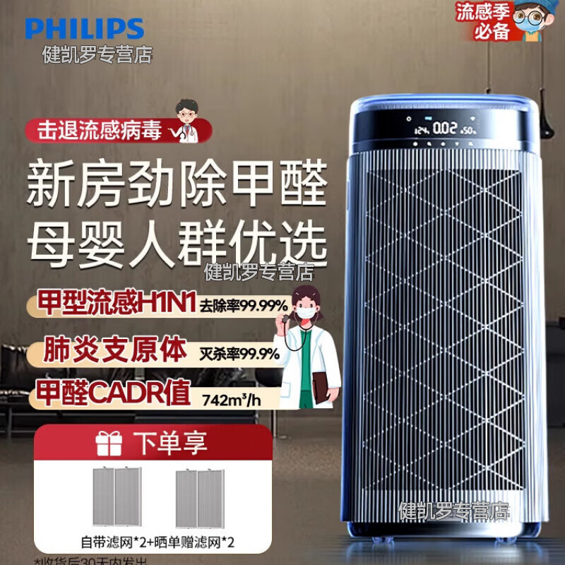 飞利浦（PHILIPS）车载家用空气净化器除甲醛家用新房室内消毒净化机AC9008 白色