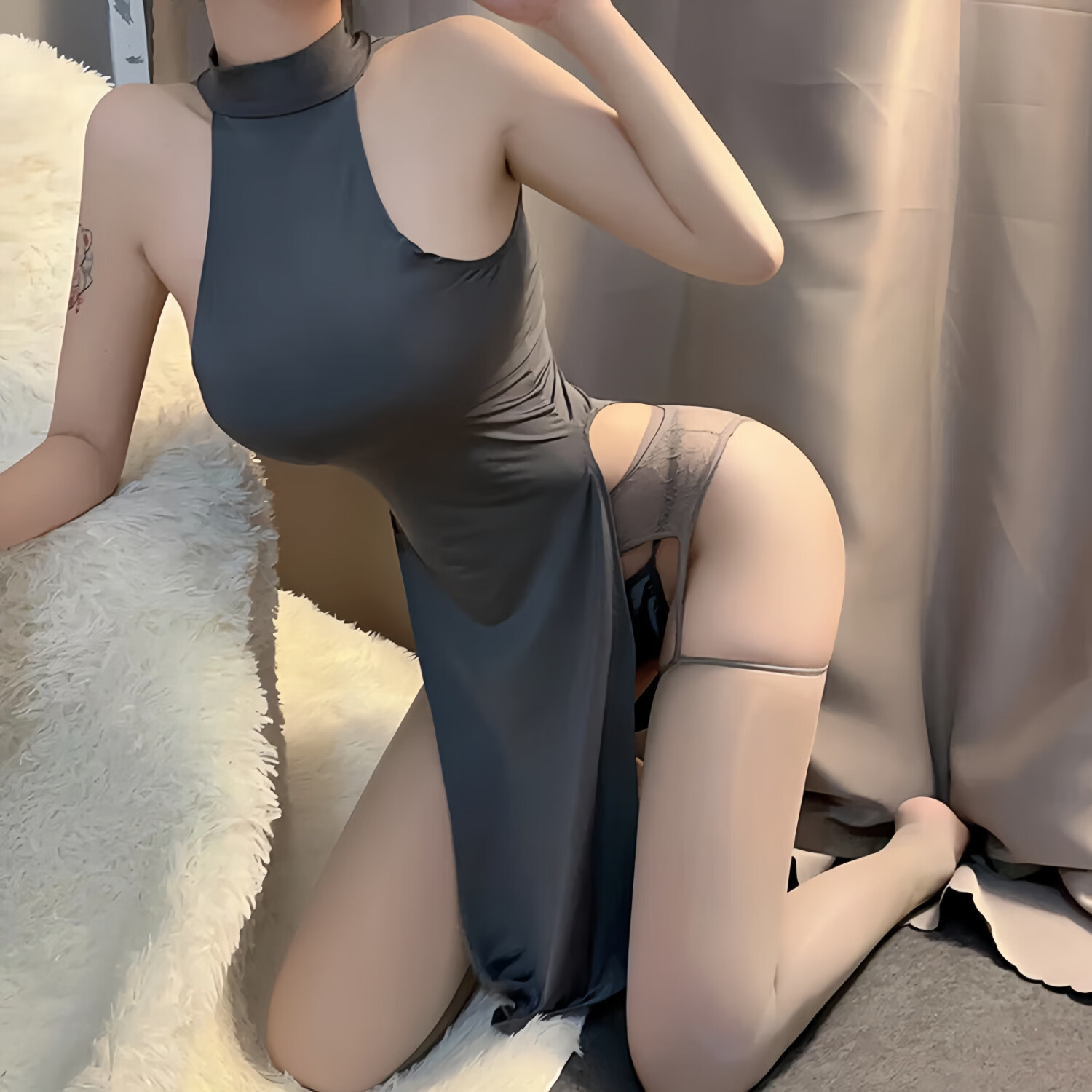 情趣内衣免脱后妈裙旗袍诱惑26新款高端开叉七夕约会性感房事战袍 黑色裙+T裤+油光蕾丝吊带袜 均码（80-120）