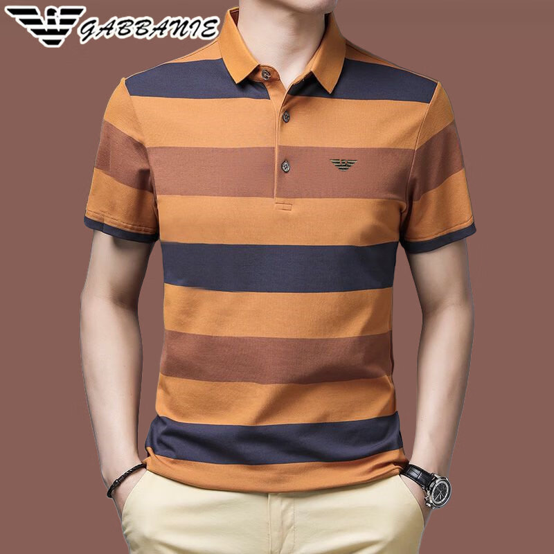 阿玛尼(ARMANI)意大利正品 夏季男士短袖T恤纯棉翻领中年条纹休闲 国际一线品牌GA_819蓝色 2XL 185_建议180-200斤