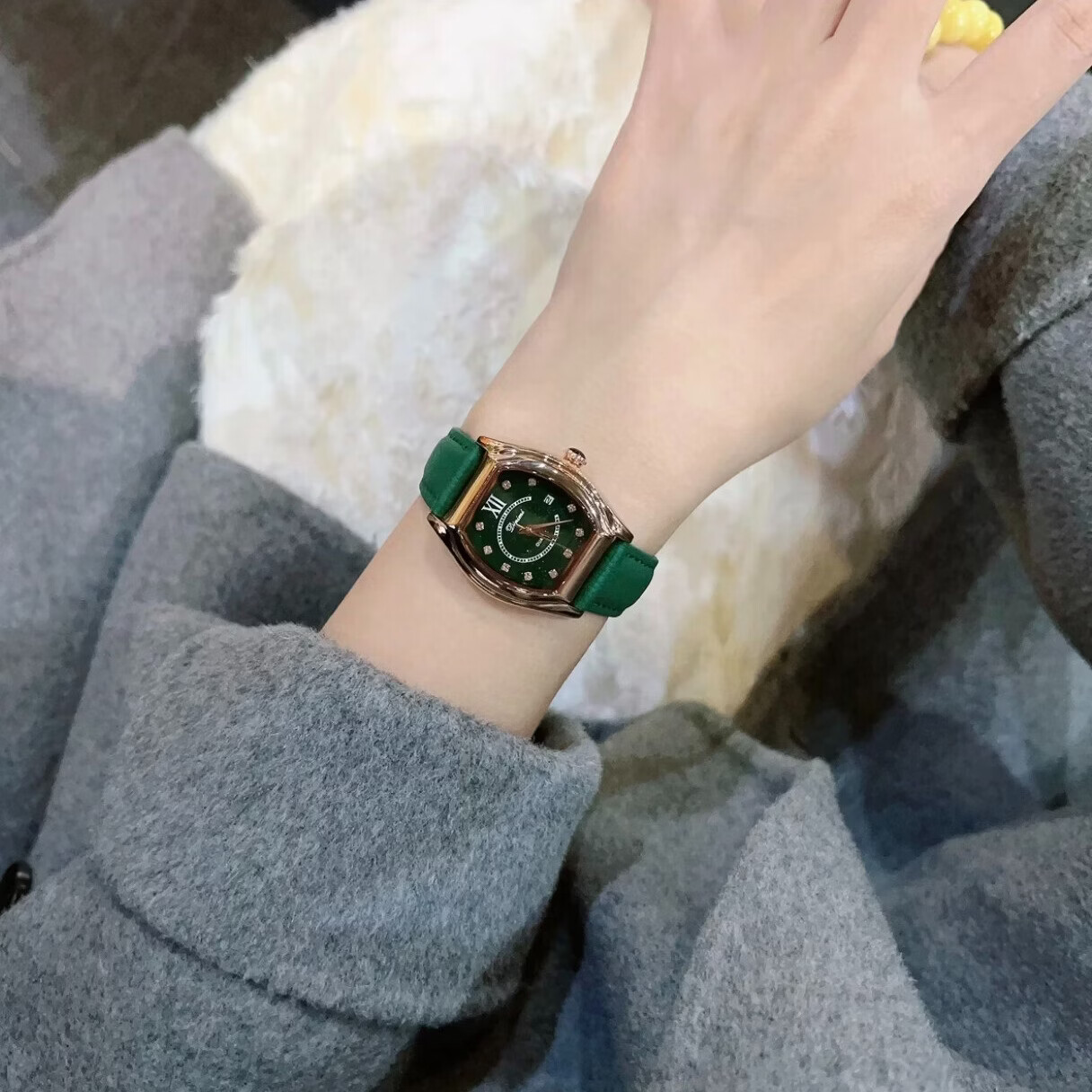 DIMINI新款酒桶型星空面CD扣轻奢经典时尚优雅女款防水机械风石英腕手表 星空绿面玫壳-绿皮(CD扣)