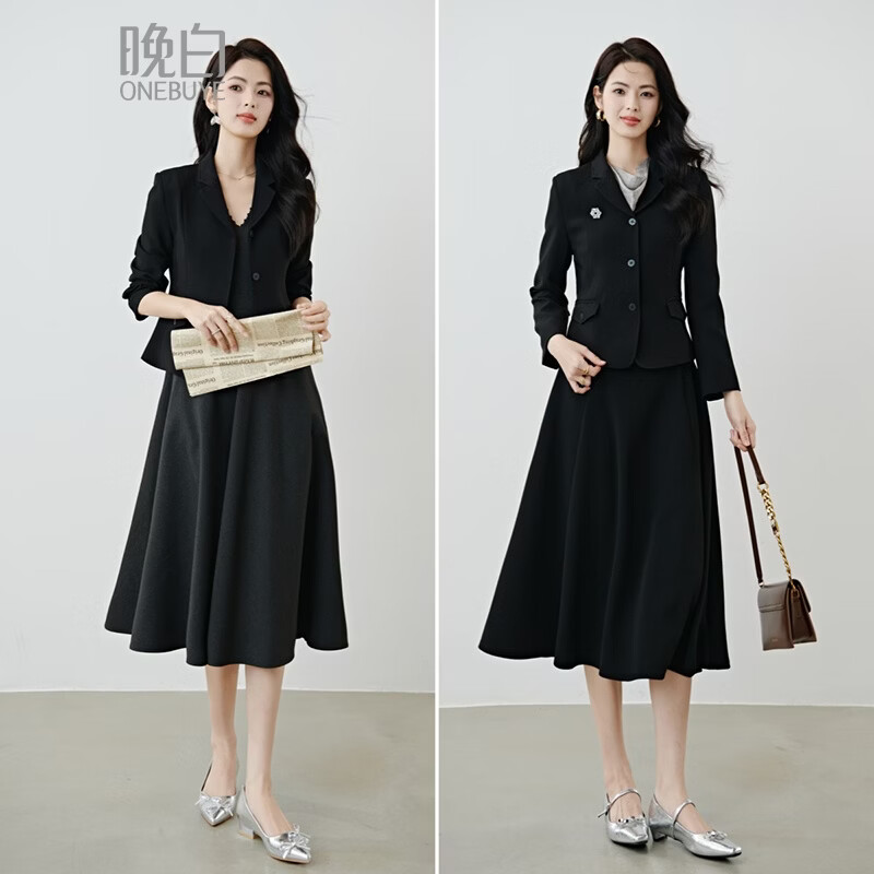 晚白【新品】2026春款miu系高级感翻驳领西装修身显瘦正肩短款外套女 黑色 M