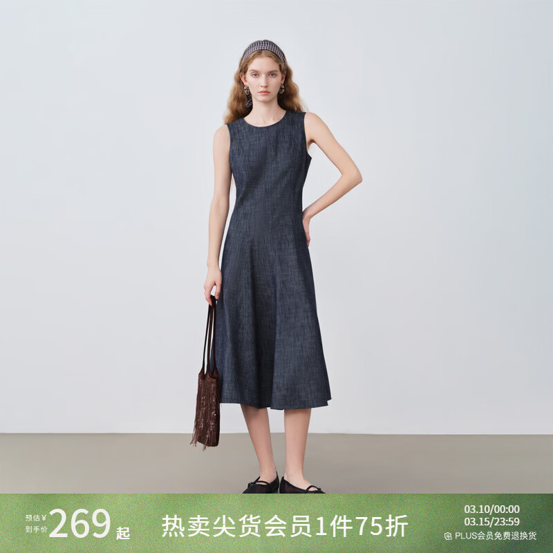 自巧小个子立裁收腰无袖长短款仿牛仔圆领连衣裙女2026年春季新品 牛仔蓝长款 XS （尺码：2）