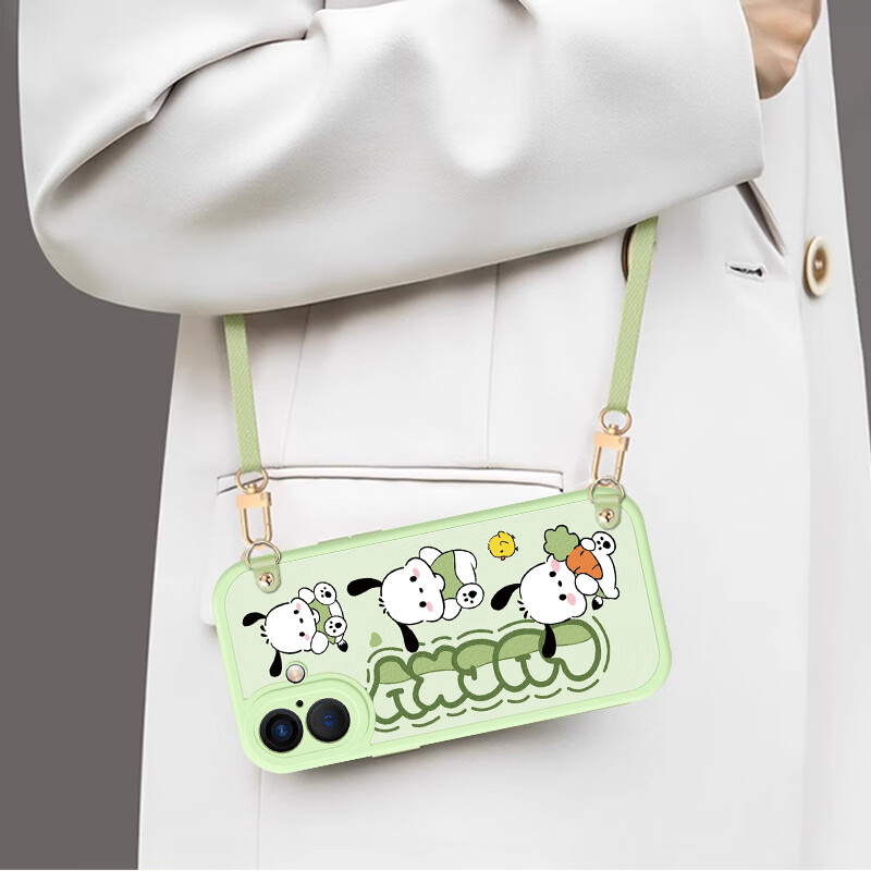 渡方舟适用苹果16Pro Max手机壳可斜跨长挂绳可调节肩带iPhone16plus可爱个性卡通女款小羊皮全包保护套 苹果16【白-三只帕恰狗】