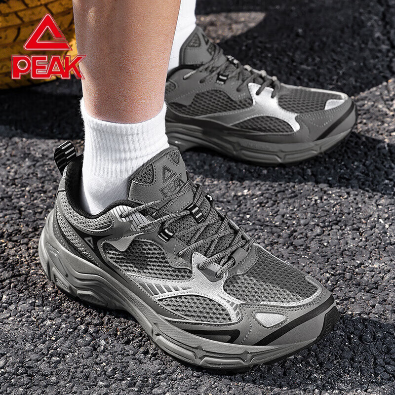 匹克（PEAK）态极跃影跑步鞋夏季透气网面户外缓震男休闲运动老爹鞋 黑色/银色 42