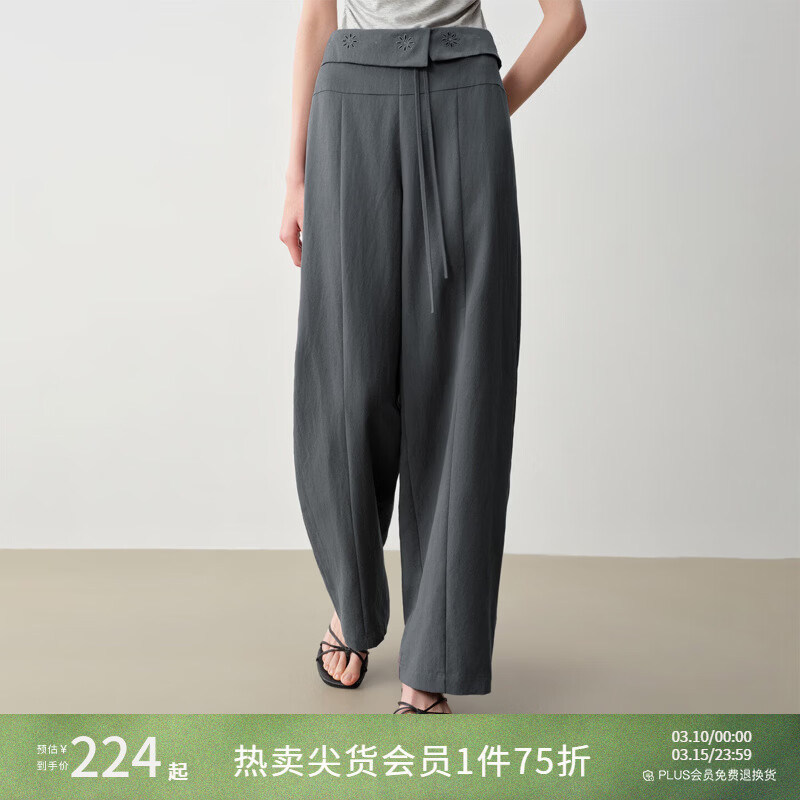 自巧巧型 小个子波嬉风翻折镂空绣花腰头抽绳休闲裤2026春季新品 暮云灰 S （尺码：3）