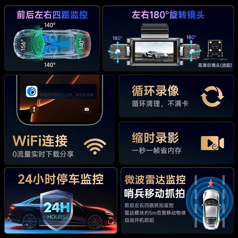 飒航汽车行车记录仪360度全景高清无死角24小时停车监控前后双录4k 【三镜头64G卡】新品上市+4K超高清 常规款丨24H停车监控