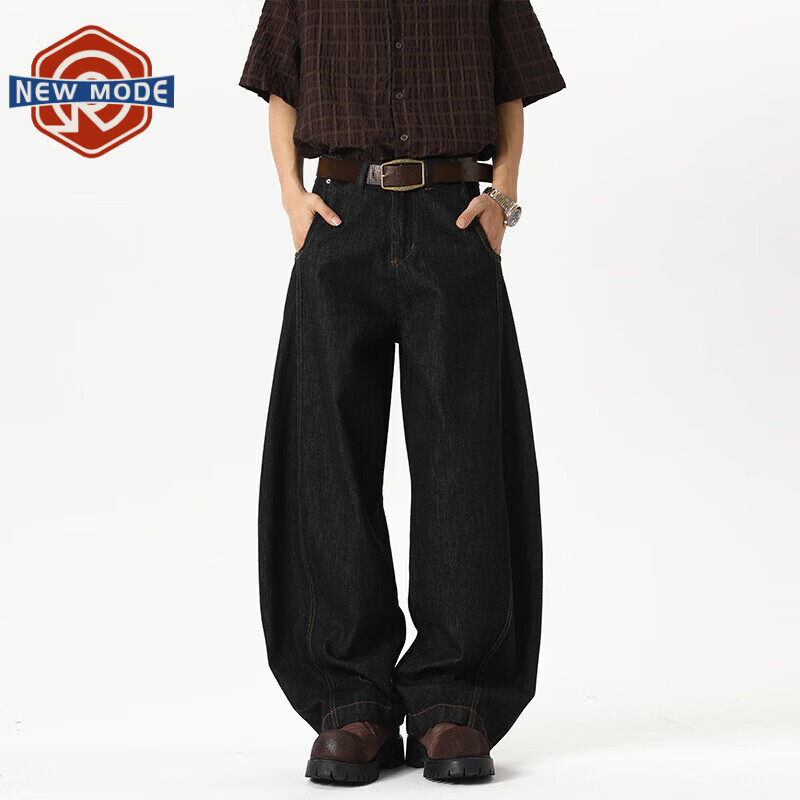 NEW OR MODE美式复古水洗丹宁弯刀牛仔裤男春夏季潮牌宽松cleanfit直筒阔腿裤 黑色【高品质】 M 【建议90-110斤】