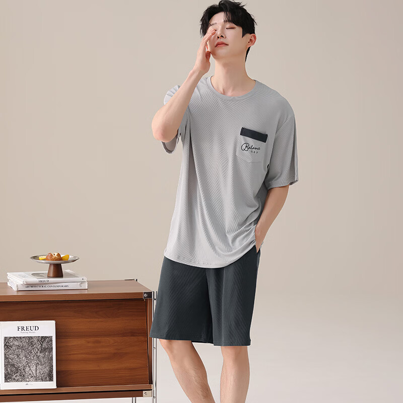 都市丽人睡衣男士冰丝凉感夏季薄款休闲大码圆领短袖短裤家居服套装可外穿 男士短袖短裤套装-浅灰色 L （建议105-135斤） （建议135-155斤） 