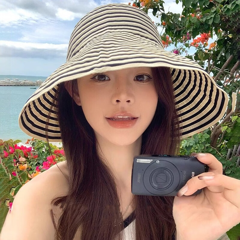 夏季小众百搭可折叠条纹撞色条纹大檐遮阳渔夫帽海边度假防晒帽子 黑米