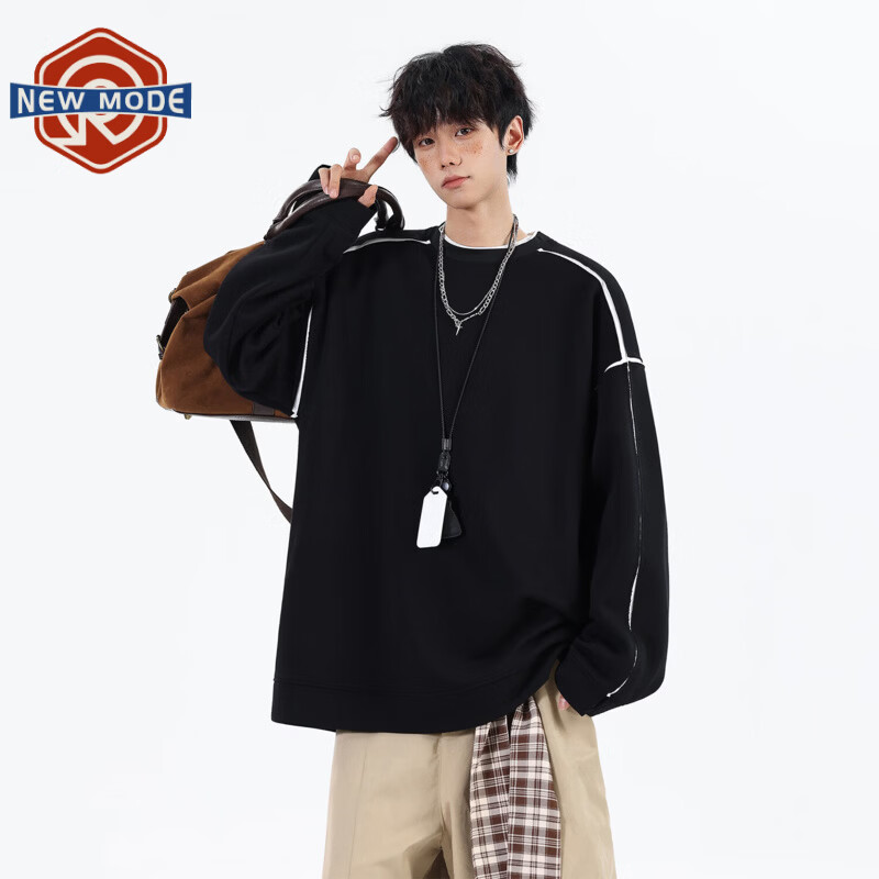 NEW OR MODE假两件切割设计圆领卫衣男春季新款美式潮流痞帅宽松大码上衣外套 黑色【高品质】 M 【建议90-110斤】