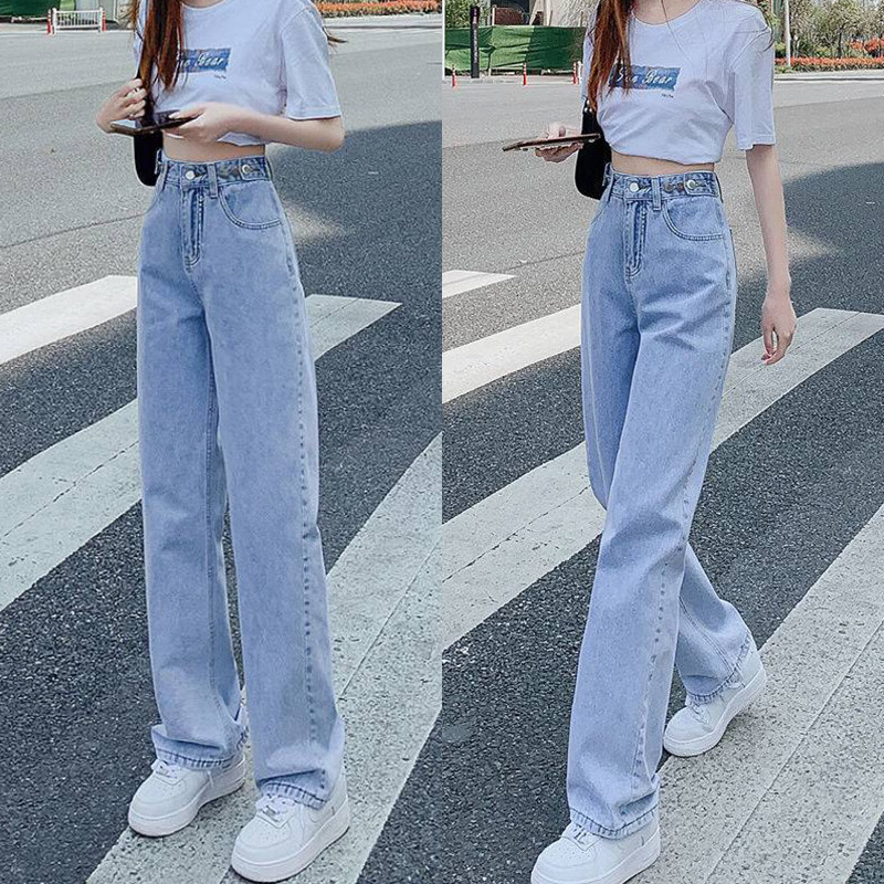 蝴蝶曼2026春夏高腰直筒牛仔裤女春宽松显瘦百搭休闲阔腿裤子韩版 浅蓝色 L 【参考详情页尺寸信息】
