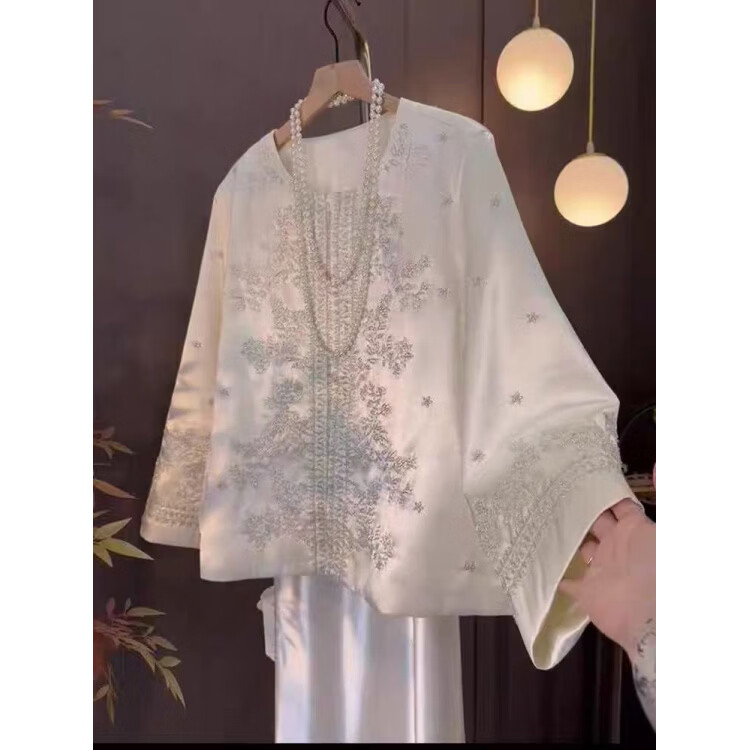 MODX专柜撤回米白色重工刺绣宽松蝙蝠袖禅意外套女新中式复古绣花衬衣 米白色 S 80-100