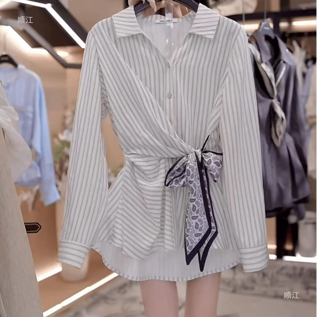 【专柜品质】法式风长袖丝巾绑带收腰显瘦衬衫女春季条纹上衣JL 黑白条纹 L （建议115--130斤）