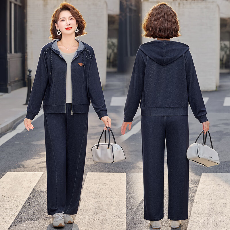 孜颜中老年女装运动套装春秋外套女款春装2026新款50-60岁洋气妈妈装 藏青色 XL （建议80-100斤）