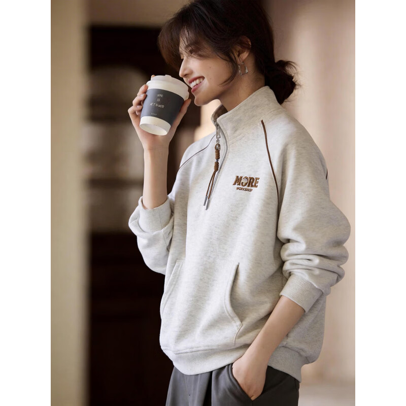 Basic House/百家好半拉链立领卫衣女春复古休闲宽松显瘦套头上衣 灰色 均码