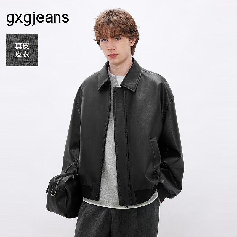gxgjeans男装 简约设计宽松翻领真皮皮衣夹克外套男士 26春新品 黑色 XL (180)