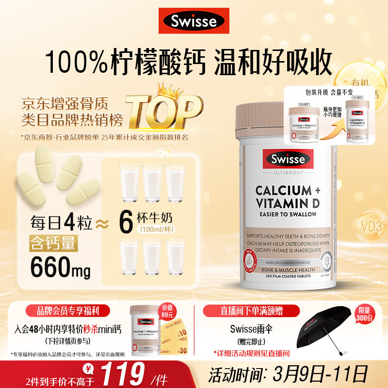 Swisse斯维诗 钙片+维生素D迷你钙片 中老年成人孕妇补钙 柠檬酸钙300片