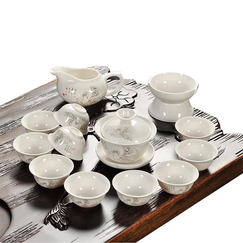 木语瓷缘 陶瓷茶具套装德化玉瓷功夫茶具 茶杯盖碗茶漏茶托整套14头 金茶圣茶具套装14头