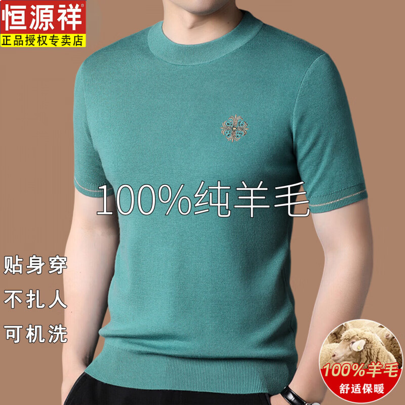 恒源祥夏季薄款100%纯羊毛短袖t恤男圆领中年爸爸装针织半袖毛衣打底衫 湖绿（圆领款） 2XL 180 【建议155-170斤】
