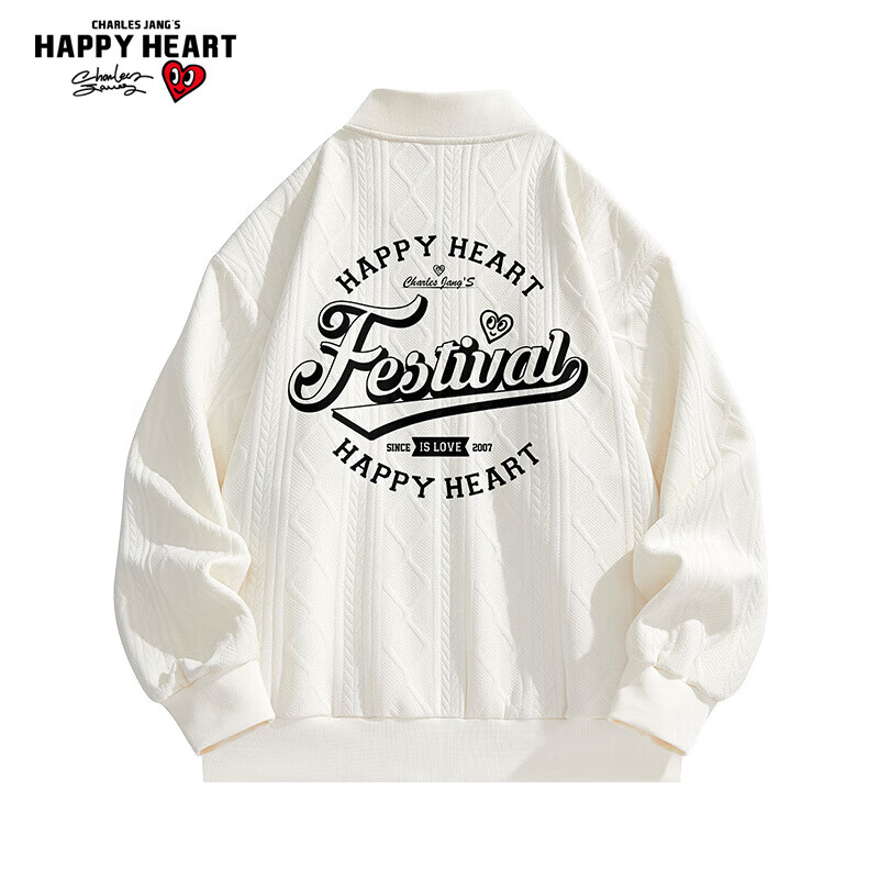 查尔斯桃心 美式字母棒球服男2026新款夹克外套潮秋冬季加厚宽松情侣装 米白 2XL