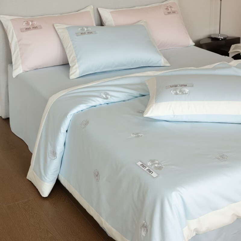 ROLAND LIVE全棉简约风绣花四件套少女心被套床单透气柔软卧室四季床上用品 CS 全棉四件套-玫瑰小香海边蓝 1.5米床 床单款 【被套200*230cm】