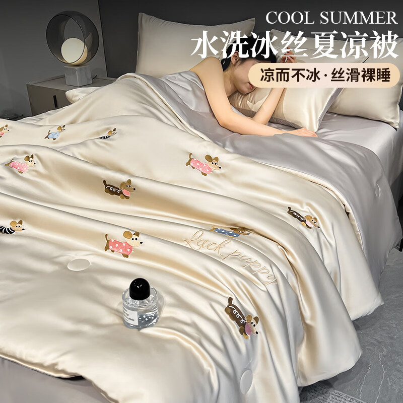 VJE冰丝夏凉被空调被超凉感夏被四件套刺绣可水洗仿天丝学生宿舍被子 腊肠狗-香槟灰【三倍凉感冰丝 裸睡丝滑】 1.5*2.0米单夏被