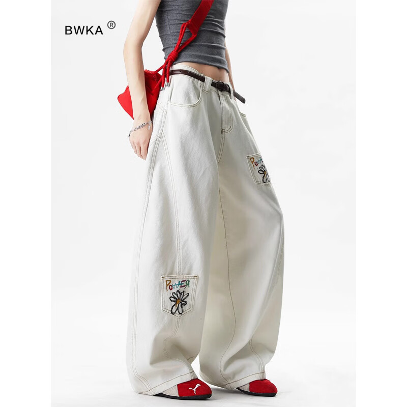 MODX白色小雏菊彩绘印花弯刀牛仔裤女男2026春季复古多口袋解构阔腿裤 白色 S (身高150-160cm体重80-95斤)