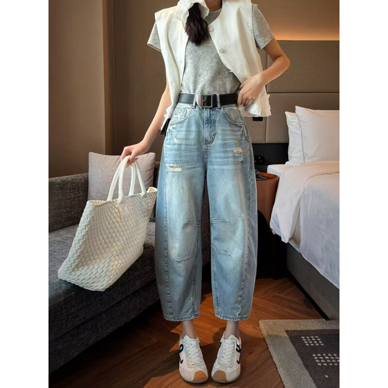 MODX2026夏季纤细的欧洲弯刀女士牛仔裤娇小的八分之一裤阔腿裤后宫裤 浅蓝色 26 90-105斤