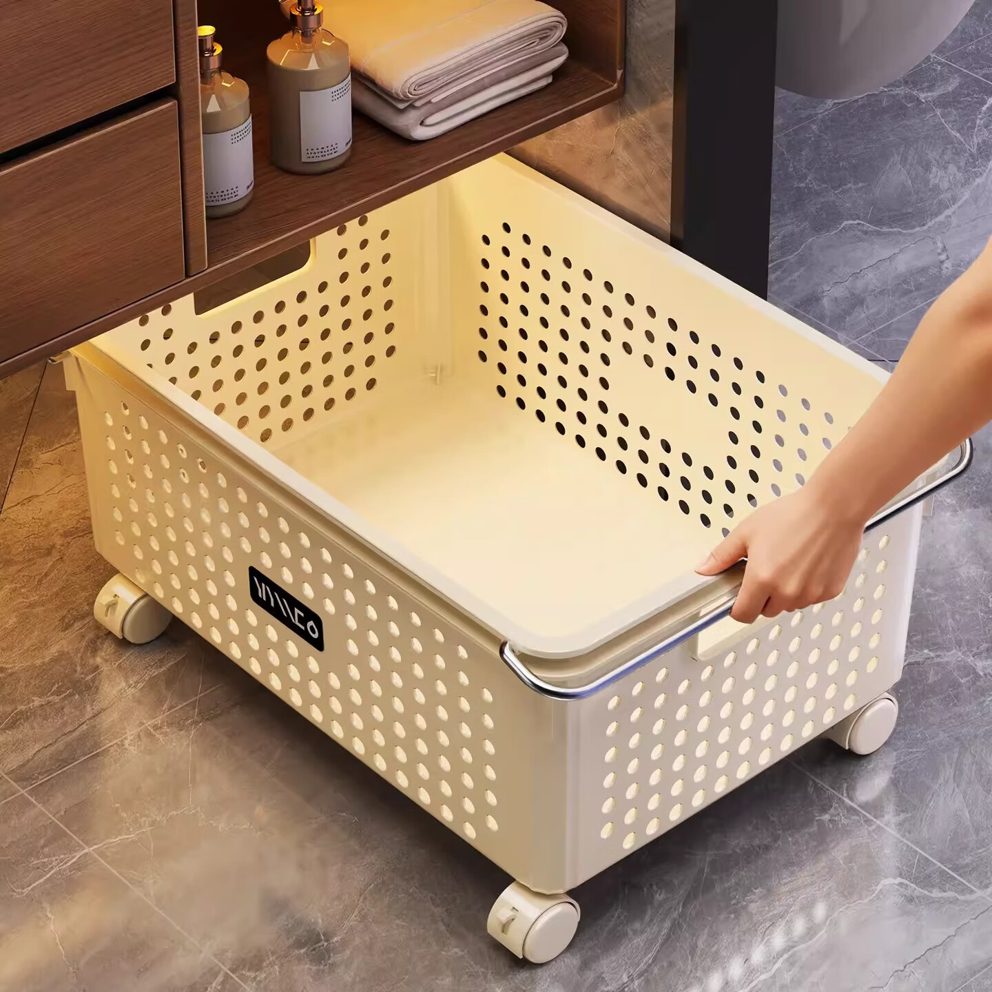 吱凡日本浴室柜下脏衣篓家用脏衣服收纳篮带轮推车杂物洗衣篮储物筐子 特大号脏衣篮【加厚升级】