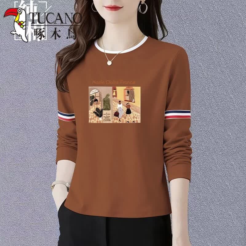 啄木鸟（TUCANO）新款印花长袖T恤舒适显瘦假两件圆领打底衫春秋新款慵懒风通勤女 纯白 L 建议100-110斤