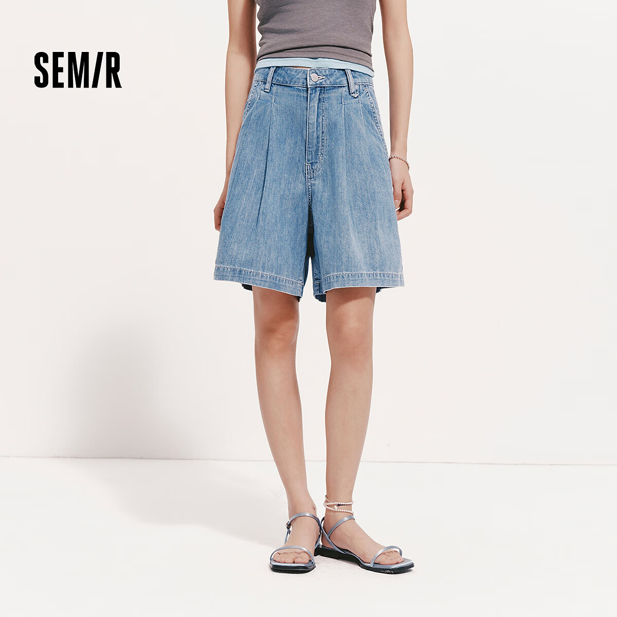 森马（Semir）牛仔裤女夏季打褶纯棉仿麻宽松2026新款气质时尚遮胯显瘦短裤 牛仔浅中蓝88601 M