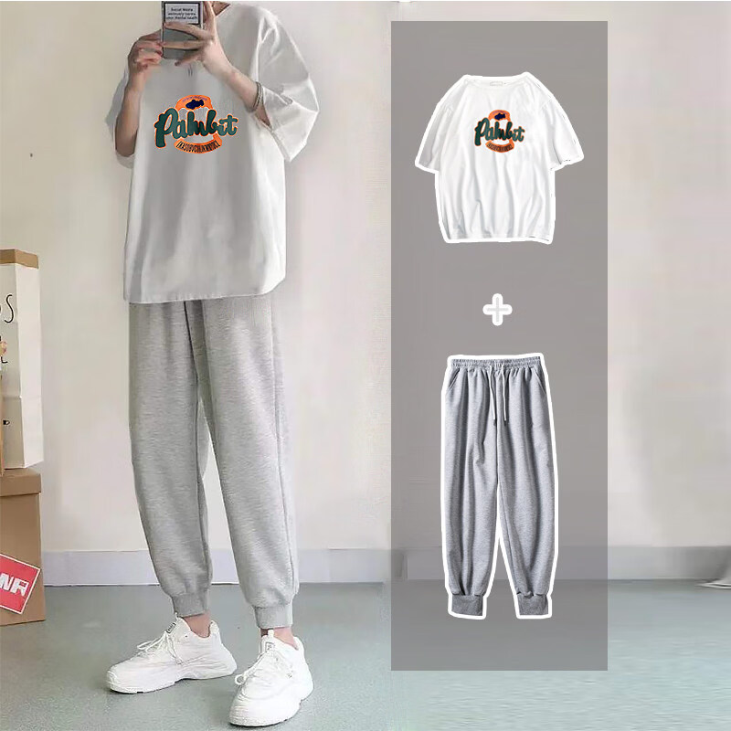 森马（Semir）短袖t恤男士潮牌夏季潮流学生运动套装搭配五分袖宽松体恤两件套 【两件套】白短袖+束脚灰裤 S
