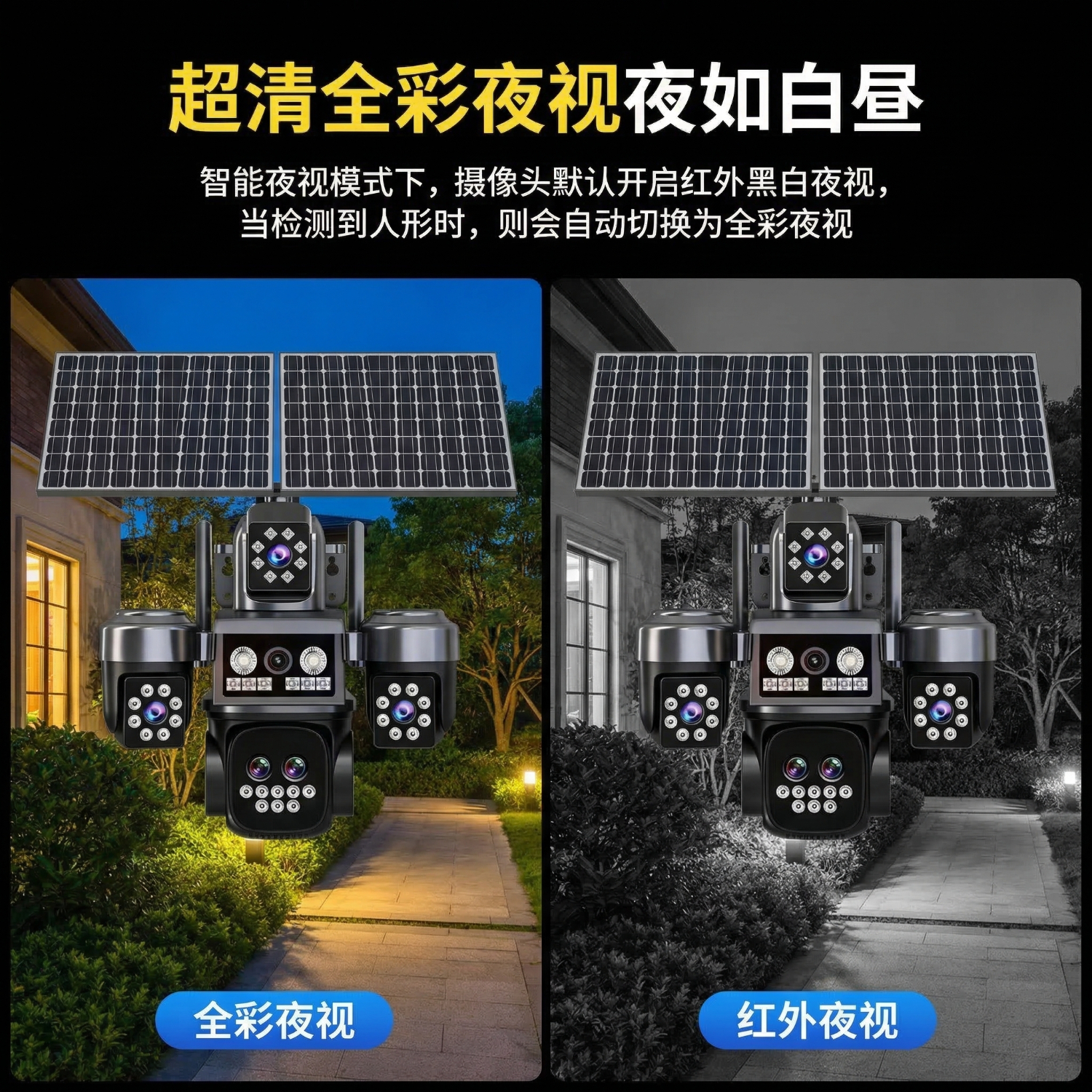 康视方4G5G太阳能监控变焦摄像头四镜头终身免流量360全景全彩夜视追踪无电无网户外超高清AOV高空抛物 新款【变焦款5画面4镜头】+可看清100米人脸车牌 30天24小时循环录像+终身免流量+30米AI侦测 AI追踪感应+终身免流+华为海思芯片+手机实时远程