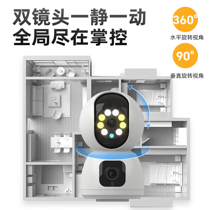 晓视智能家居摄像机监控器360度无死角带夜视摄像头家用全景婴儿宠物监控手机远程语音高清摄像 【双摄1000万】双画面+V800-裸机