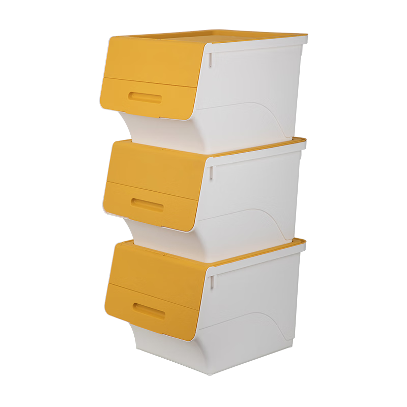 茶花（CHAHUA）收纳箱塑料收纳盒儿童玩具整理箱储物箱斜口前开叠加侧开收纳柜  【奶黄色】34升*三个装 大号34L【45.5*38*31cm】