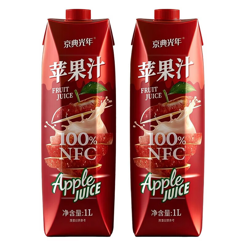 京典光年100%NFC苹果汁纯鲜榨果汁饮料0添加剂 100%鲜榨苹果汁1L*2瓶