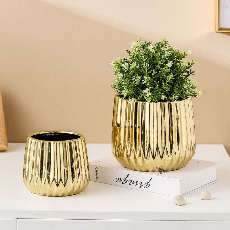极简亿韵北欧轻奢陶瓷花盆蝴蝶兰创意金色高档鲜花插花水培绿植花卉