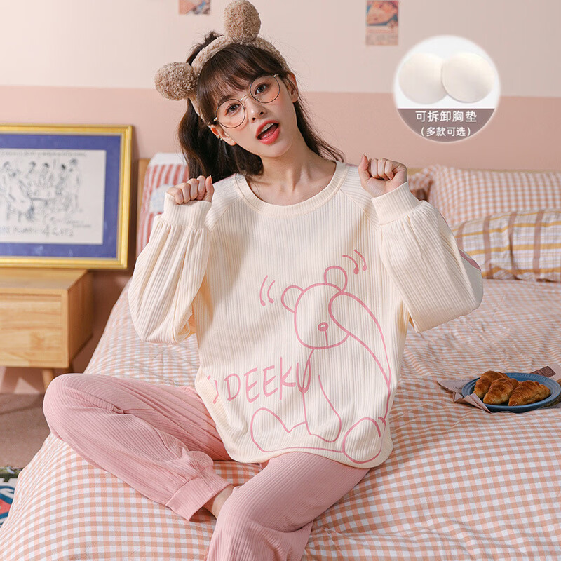 DAPHNE达芙妮【A】睡衣女秋冬季纯棉长袖带胸垫秋天孕妇可爱大码家居服套装 HC7721【带胸垫】 女XXL【棉含量有30】