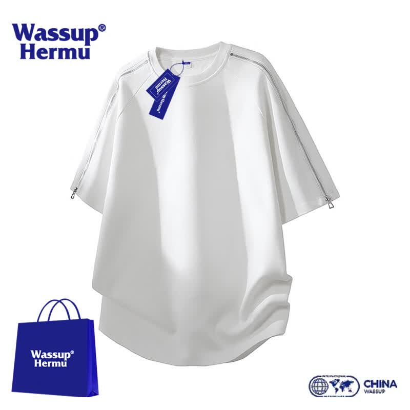 WASSUP HERMU官方短袖男夏季高品质拉链装饰圆领透气T恤学生穿搭运动短裤套装 白色上衣 M （推荐80-100斤）