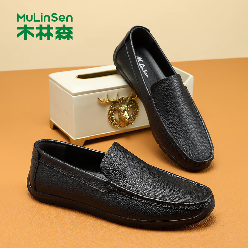 木林森休闲皮鞋男软底软面商务皮鞋舒适百搭驾车鞋春季新款男鞋轻奢名品 A3263212黑色 46