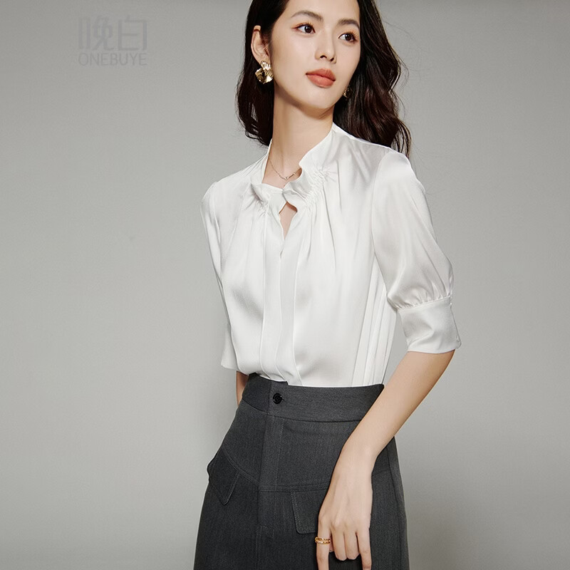 晚白【新品】2026年春款气质轻熟风V领衬衣垂感缎面优雅通勤衬衫女 白色 S
