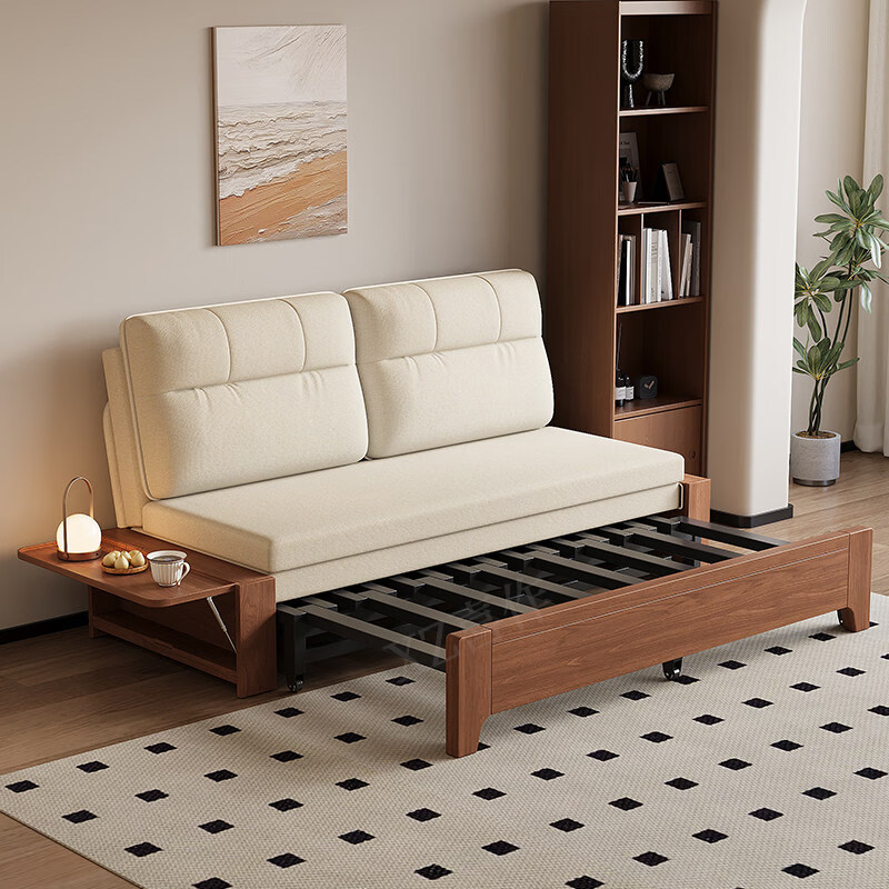 沙发床简约现代多功能两用可折叠小户型客厅家用新款折叠沙发 带储物箱1.5米(乳胶款_米白)原木色