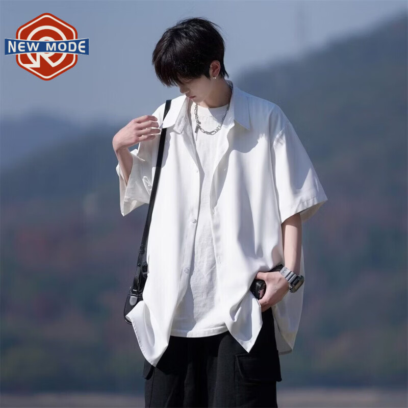 NEW OR MODE轻奢高级感翻领短袖衬衫男夏季冰丝薄款透气百搭垂感纯色t恤内搭 白色【高品质】 XL 【建议125-145斤】